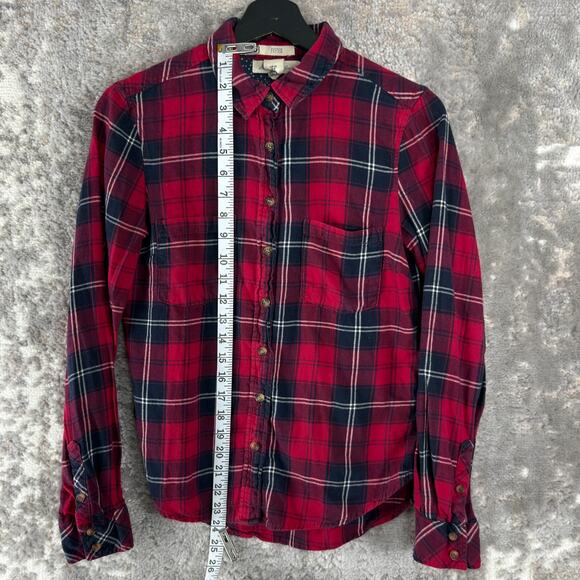 H&M Size 6 Fitted Plaid Casual Button Top Red Long Sleeve Pocket Collar - Picture 2 of 9
